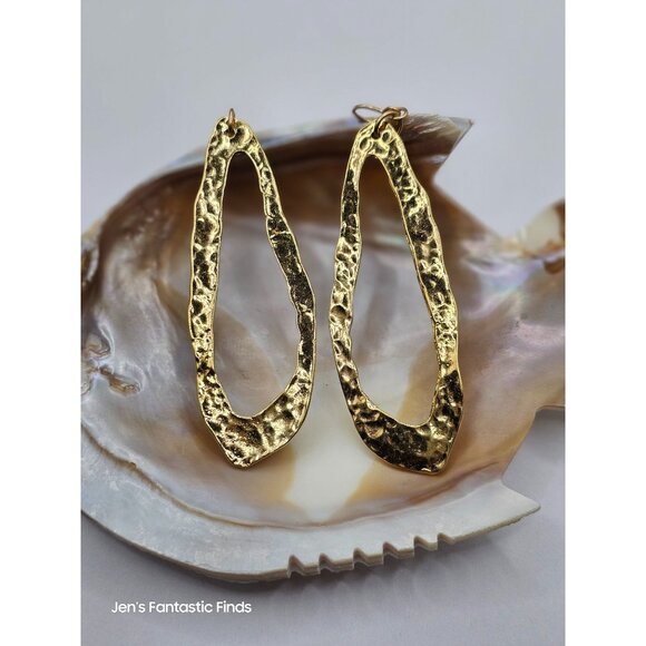Statement Hammered Gold Tone Asymmetrical Large Hoop Earrings 3" - Picture 3 of 5